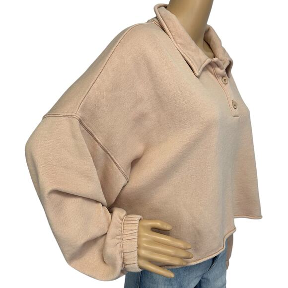 Aerie Fleece Of Mind Cropped Polo Sweatshirt Pink Collared Oversized Size L - Picture 4 of 9